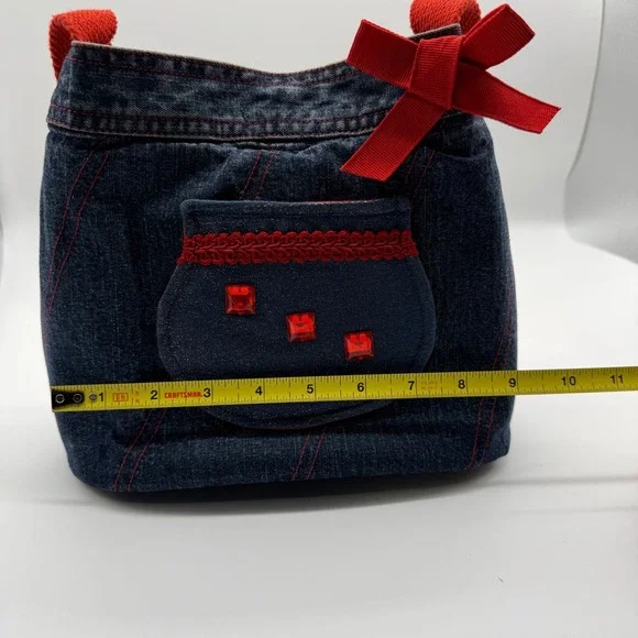 Handmade Denim‎ Jean Purse Red Trim Bow Accent Snap Closure - Picture 14 of 14
